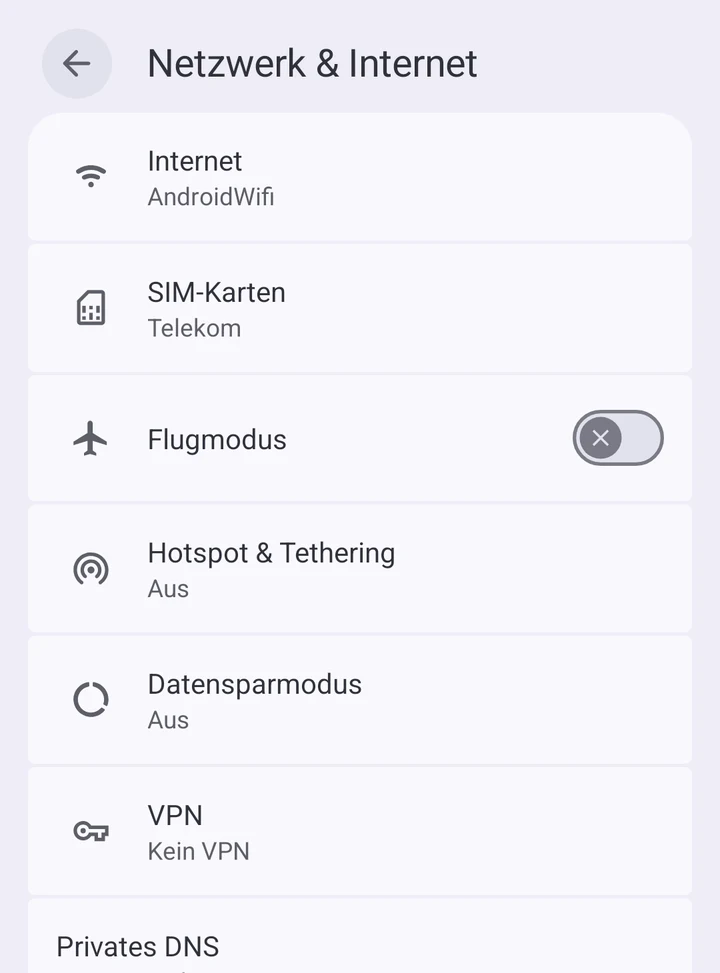 Android-Einstellungen, Seite Netzwerk und Internet mit dem Eintrag SIM-Karten