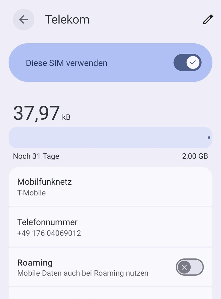 SIM-Details mit ausgeschaltetem Schalter Roaming