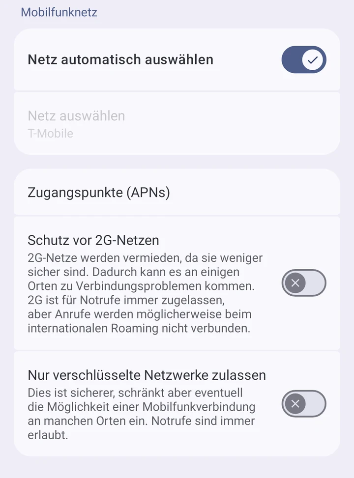 SIM-Details, Abschnitt Mobilfunknetz mit dem Schalter Netz automatisch auswählen