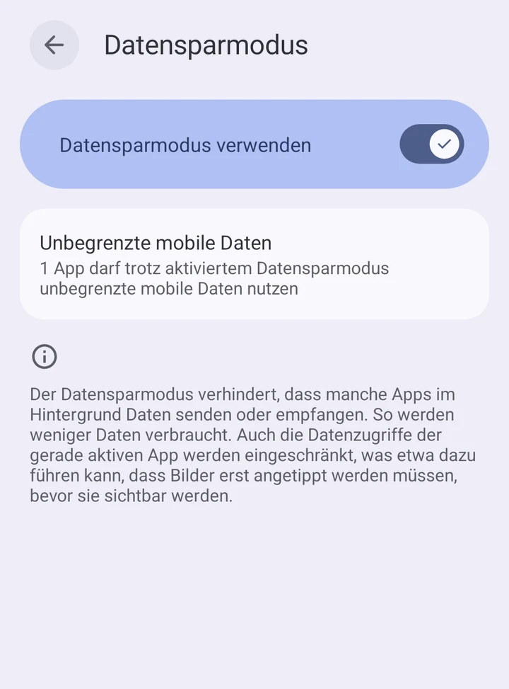 Seite Datensparmodus mit eingeschaltetem Schalter