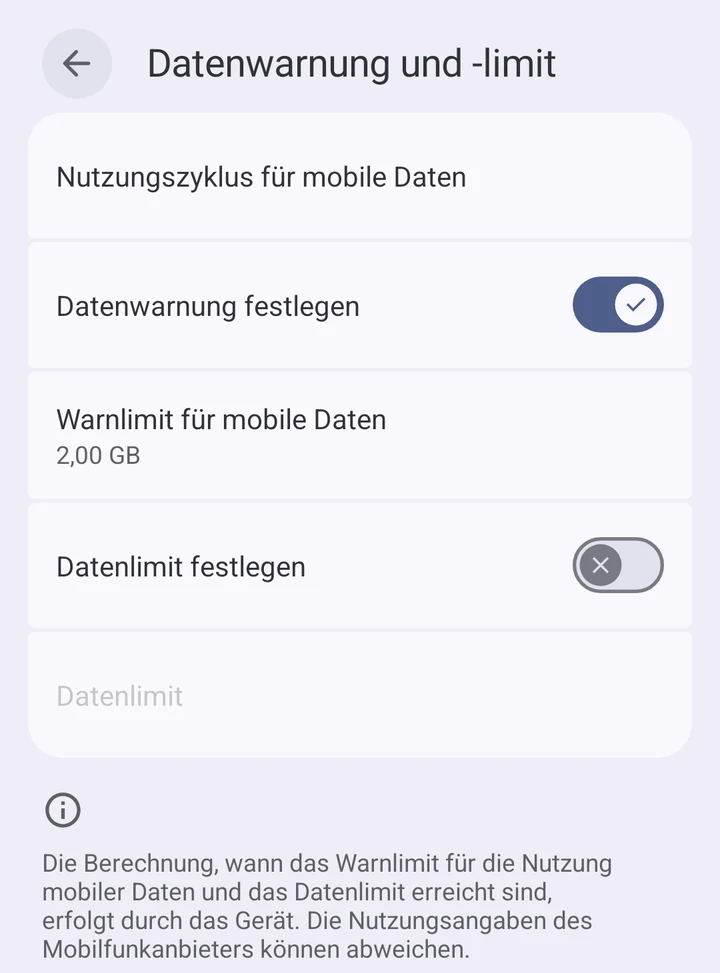 Seite Datenwarnung und -limit mit den Schaltern für Warnung und Limit