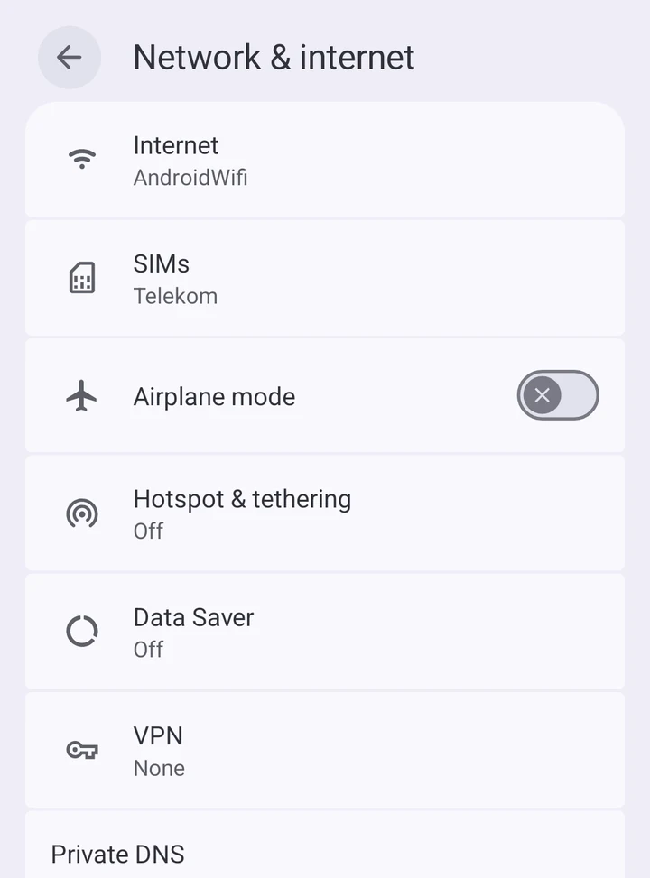 Android settings, Network & internet page with the SIMs entry