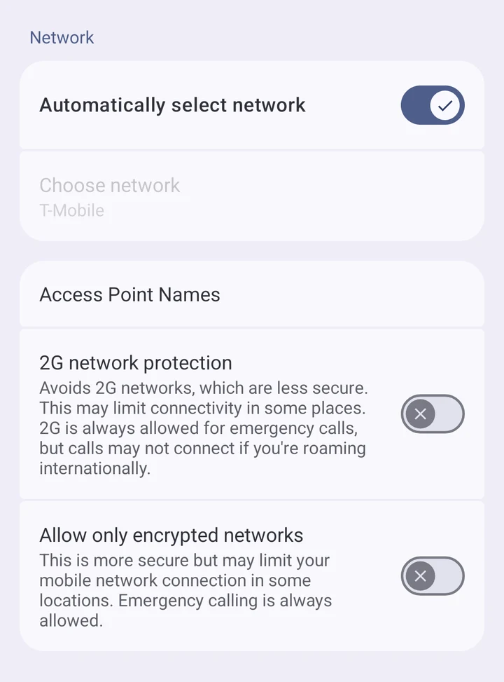 SIM details, Network section with the Automatically select network toggle