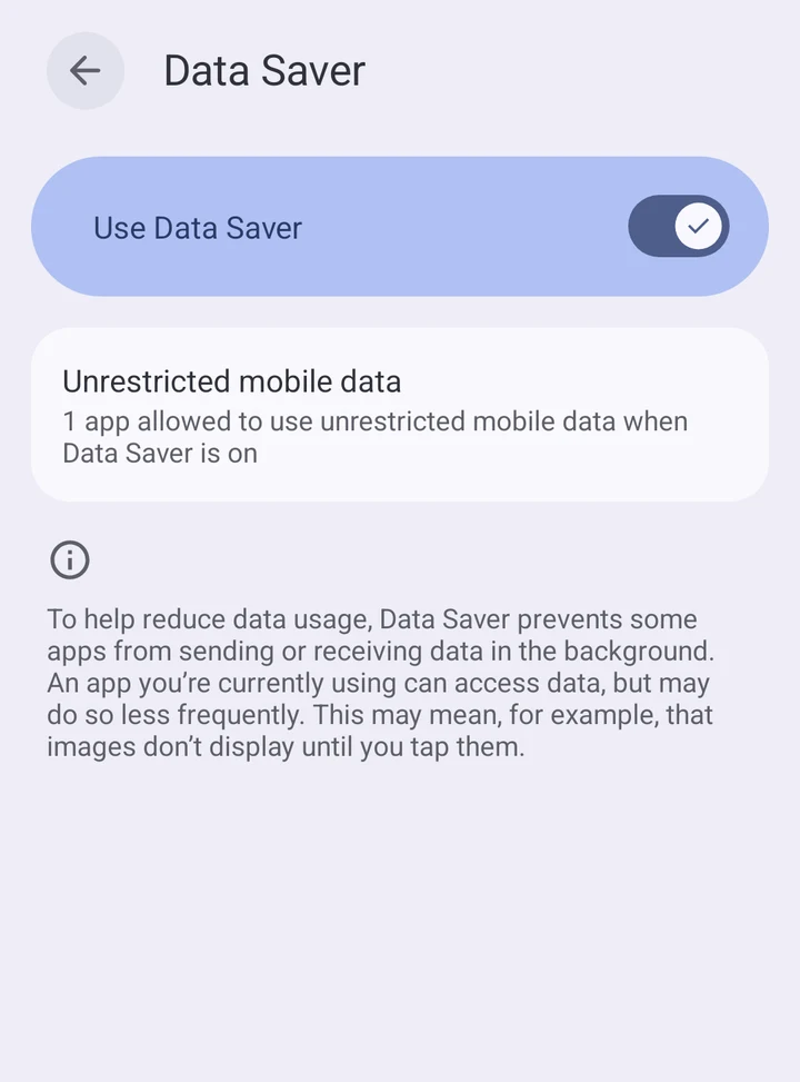 Data Saver page with the toggle switched on