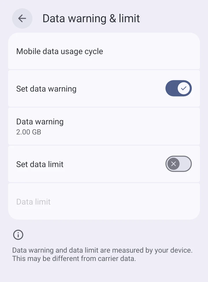 Data warning & limit page with the toggles for warning and limit